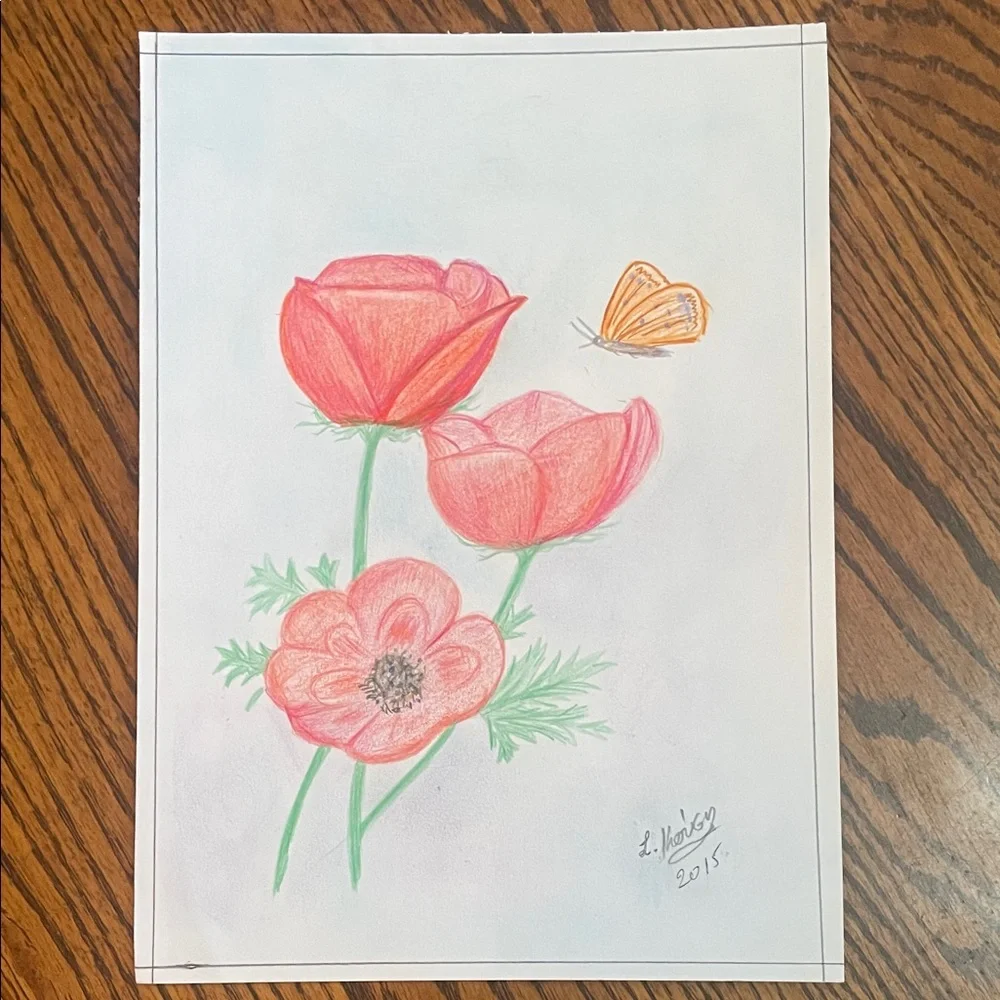 Original Floral and Butterfly Art Signed by Artist L Kousy 2015 - Picture 4 of 7